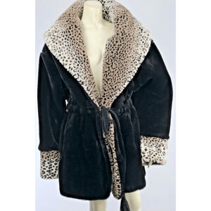 Vintage Black Faux Fur Shearling Coat Leopard Print Collar Cuffs Plush Size M